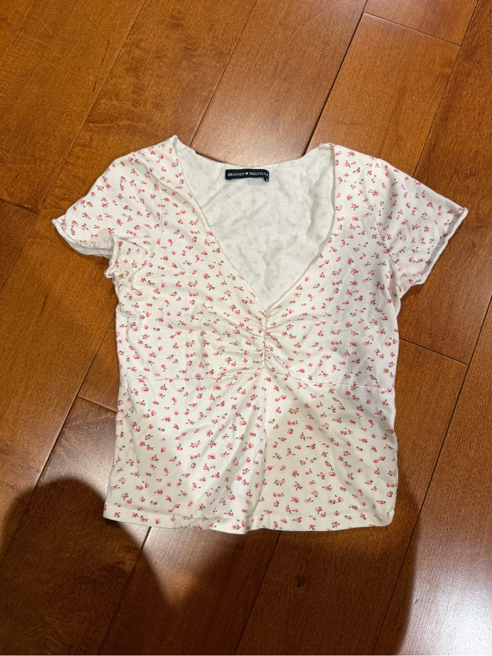 Brandy Melville White Crop Top with Pink Floral Ruched Front